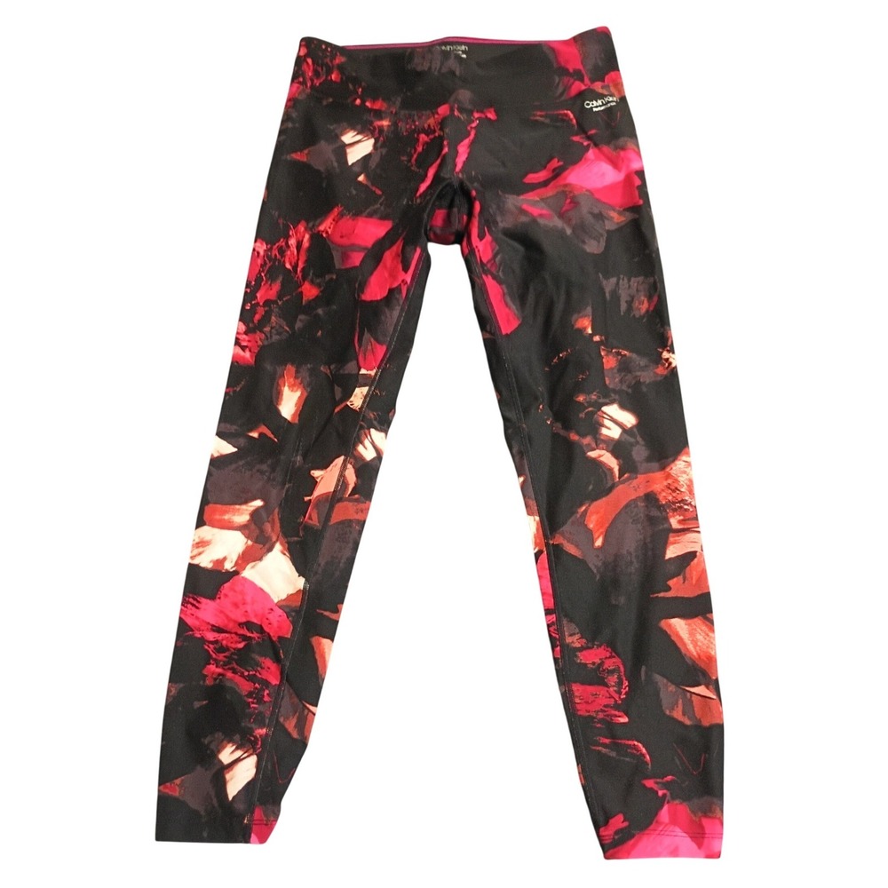 Calvin Klein Performance Leggings Womens S Black Pink Floral Ruched Athleisure